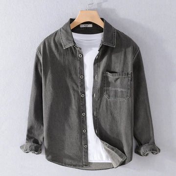 Aidase Dark Gray Distrssed Washed Denim Shirt Men's Clothing Simple Casual Wear Retro Cargo Jeans Tops Long Sleeve Oversize Fashion aidase-shop